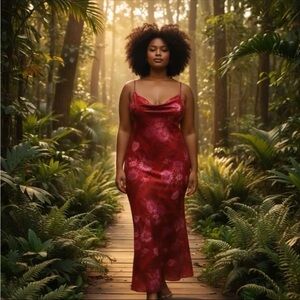 TOPSHOP Red Floral Print Cowl Neck Slip Maxi Dress UK 18 US 14